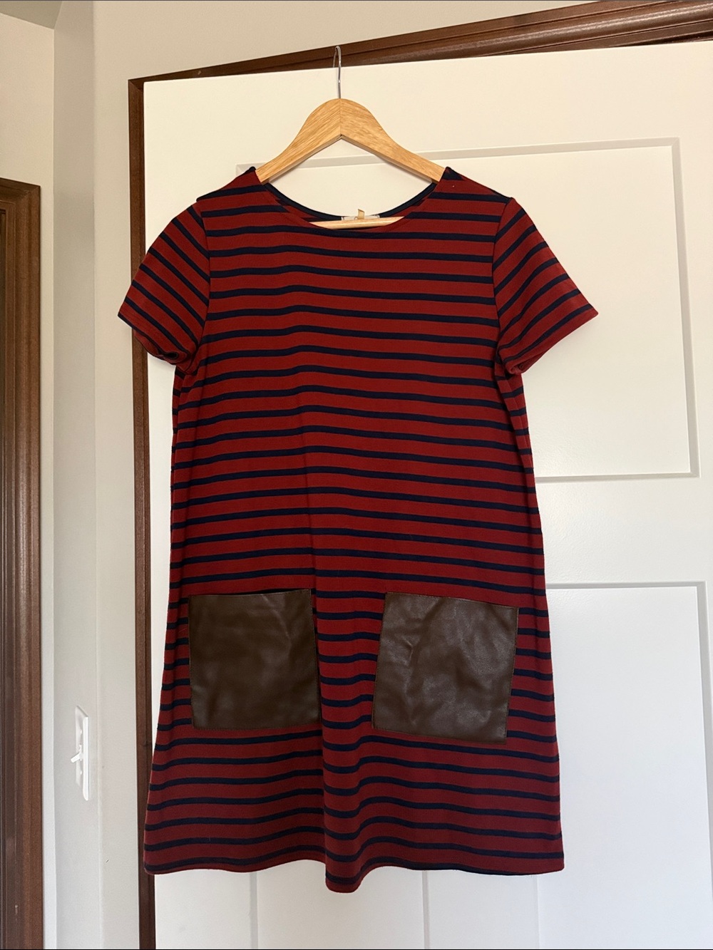 Soprano Red and Black Striped Short-Sleeve Mini Dress with Brown Patch Pockets